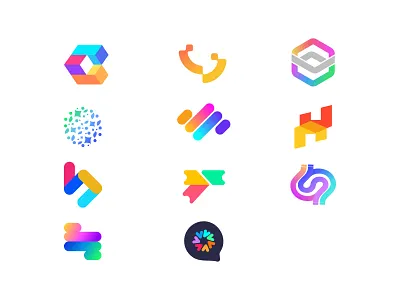 Colorful abstract geometric logos on a white background, showcasing vibrant and diverse design styles and shapes.