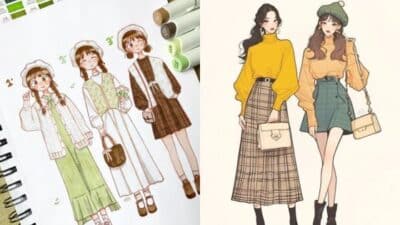 Cute illustrated girls in fashionable outfits with hats, skirts, and sweaters, showcasing autumnal and preppy styles.
