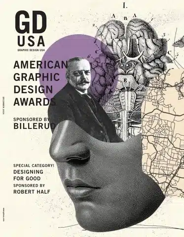 American Graphic Design Awards 2023 magazine cover featuring collage art with historical and anatomical elements.