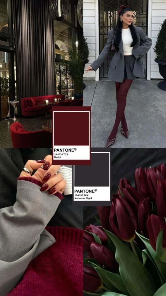 Trendy fashion collage with Pantone colors Merlot and Moonless Night, featuring stylish outfit and interior decor.