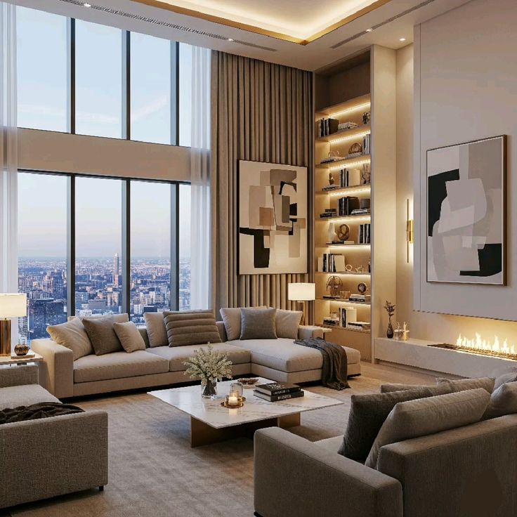 pastel dreams turned into reality 💫 Would you chill here _ Luxurious city view living room with modern decor, large windows, abstract art, and cozy fireplace ambiance. | Sky Rye Design Luxurious city view living room with modern decor, large windows, abstract art, and cozy fireplace ambiance.