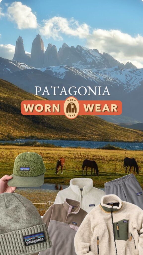 Patagonia Worn Wear collection with hats, jackets, and scenery of mountains and grazing horses in the background.