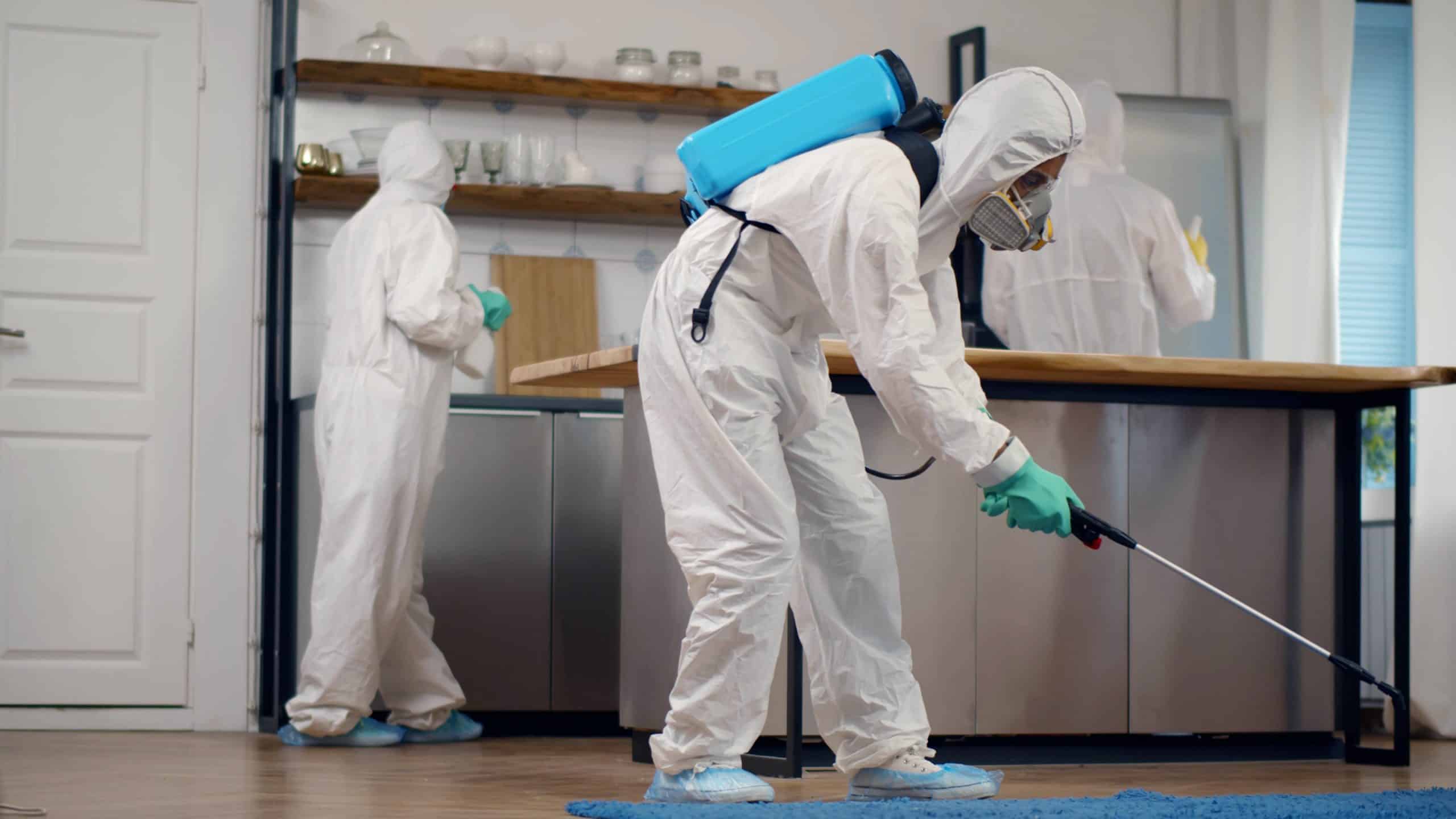 Pest control experts in protective gear fumigating a kitchen space for effective pest management.