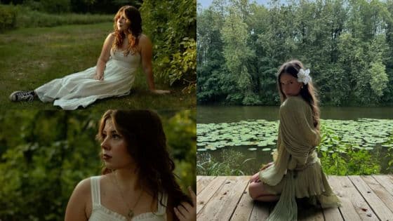 photography inspiration Woman in scenic nature settings: sitting on grass, posing by a pond, and standing near a lake, all in summer attire. | Sky Rye Design Woman in scenic nature settings: sitting on grass, posing by a pond, and standing near a lake, all in summer attire.
