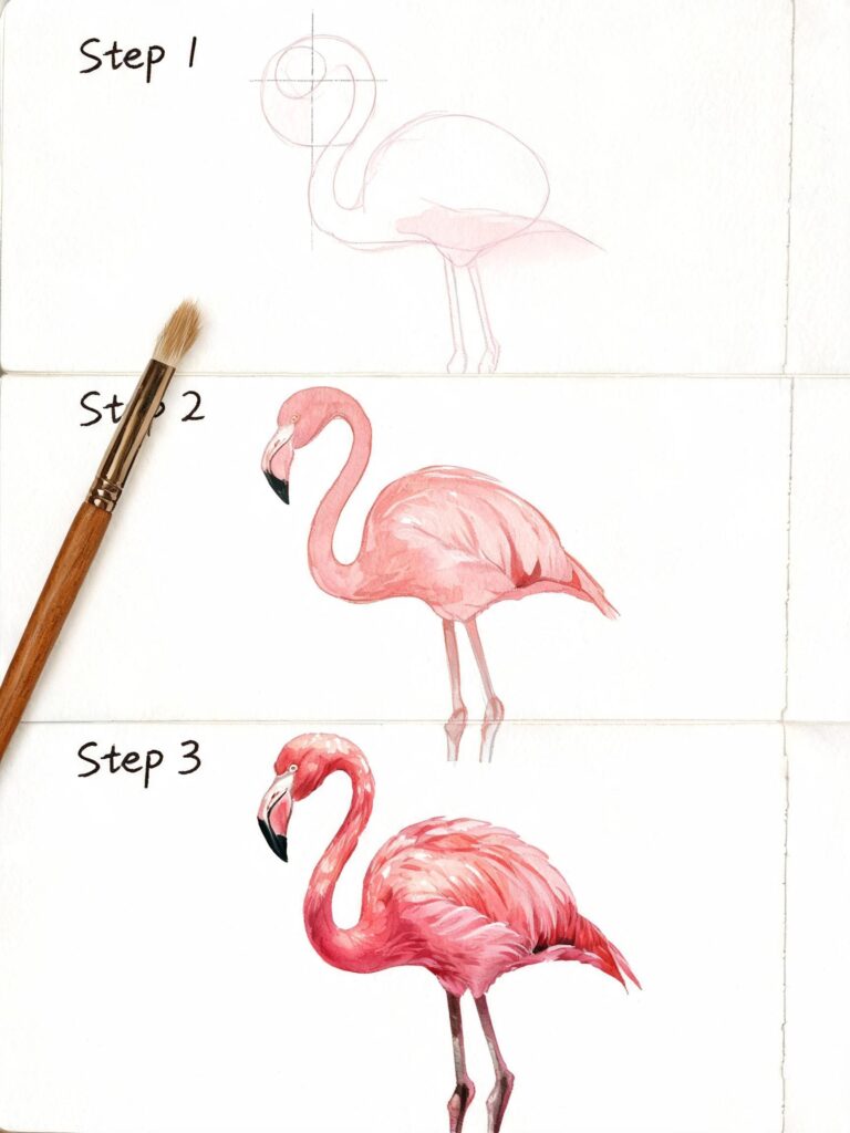Watercolor flamingo drawing tutorial showing sketch, mid-tone wash and finished pink flamingo with paintbrush