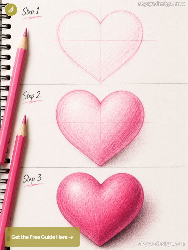 Colored pencil heart tutorial — three-step sketch, shading, and finished pink heart on spiral sketchbook with pencils