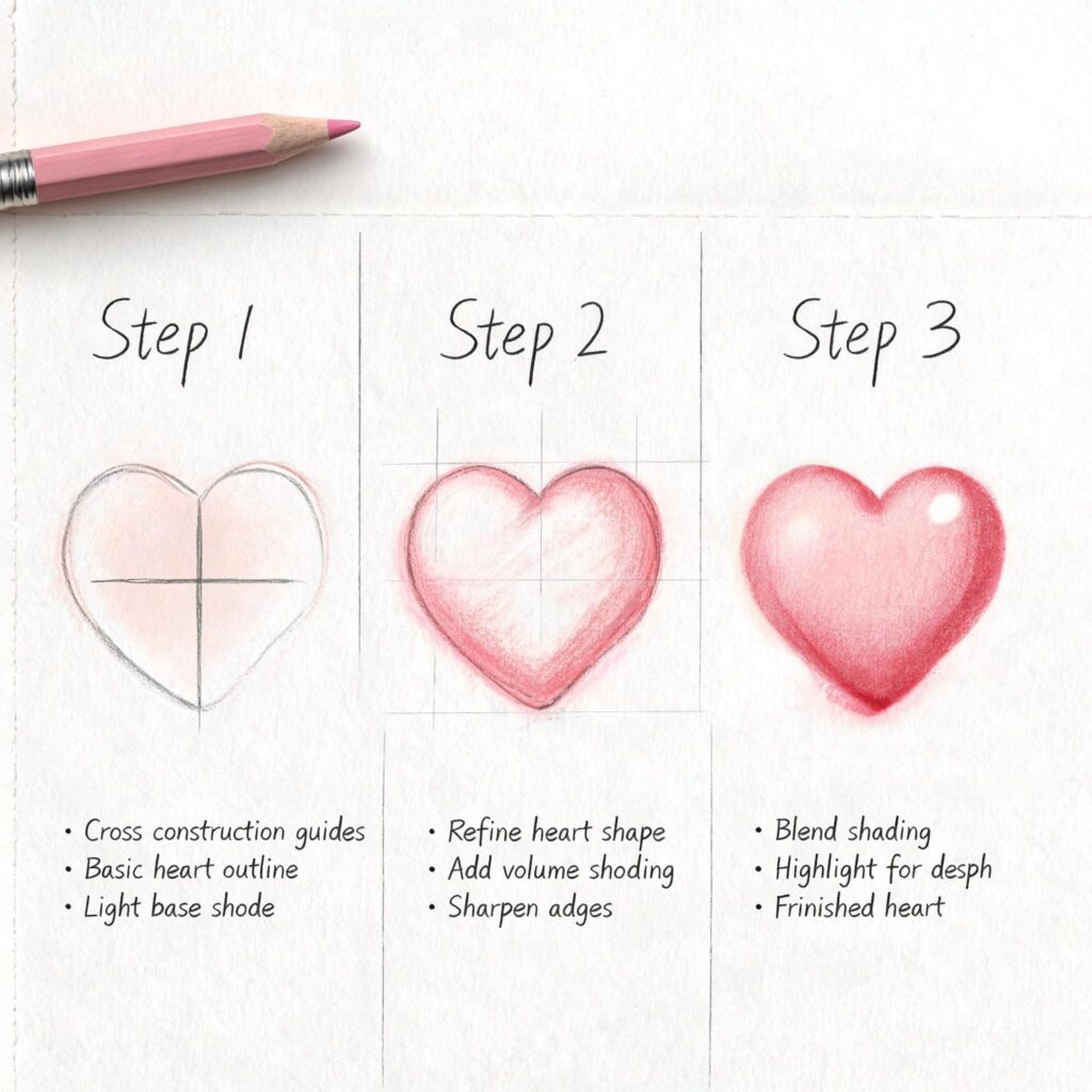 Step-by-step heart drawing tutorial with pink pencil and three heart sketches showing sketch, shading, and finished heart