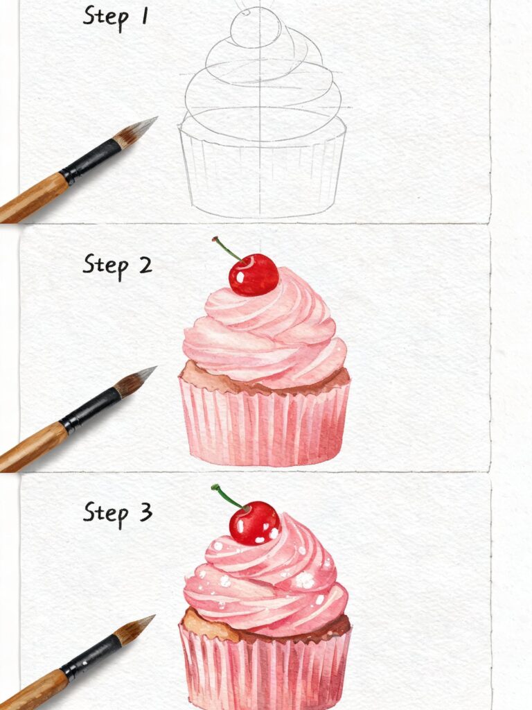Watercolor cupcake step-by-step tutorial: pencil sketch to finished pink frosted cupcake with cherry and paintbrush