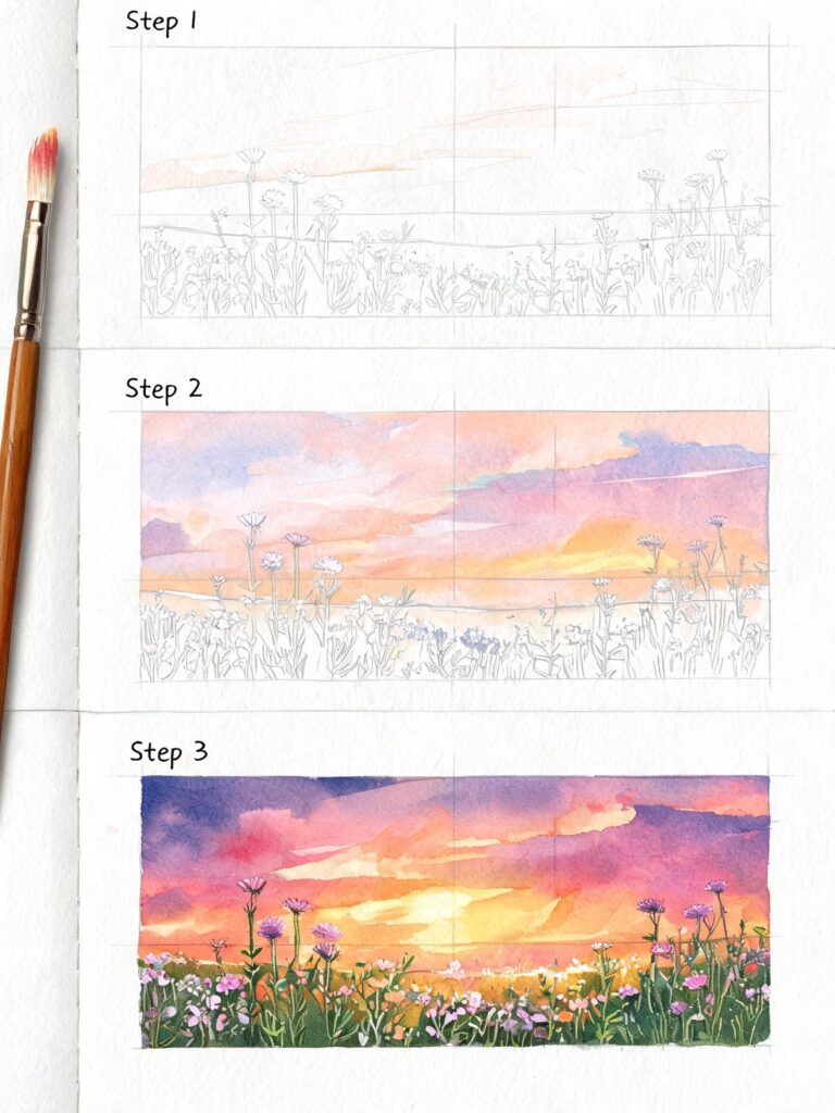 Watercolor tutorial showing step-by-step sunset sky and wildflower field, from pencil sketch to painted panel.