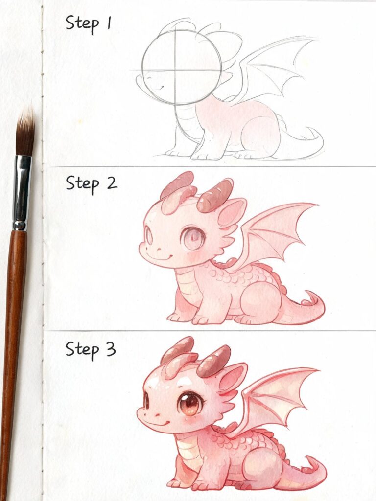Watercolor step-by-step tutorial: sketch to finished cute pink baby dragon illustration with paintbrush