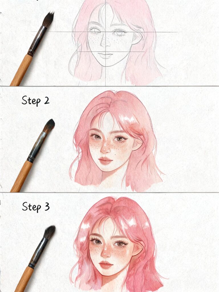 Watercolor portrait tutorial: pink-haired freckled girl, step-by-step from sketch to finished painting with brushes