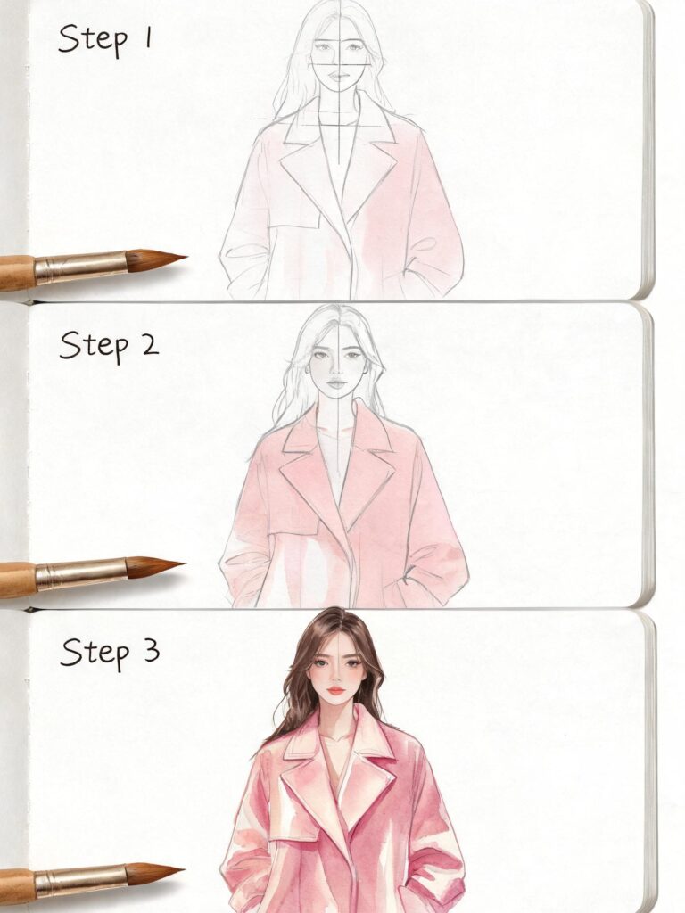 Three-step fashion illustration showing a woman in a pink coat, labeled Step 1–Step 3 in a notebook