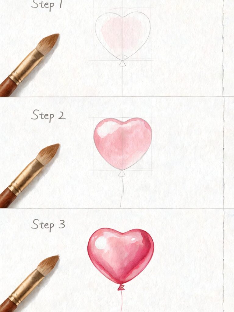 Watercolor tutorial: step-by-step painting of a pink heart-shaped balloon with paintbrushes