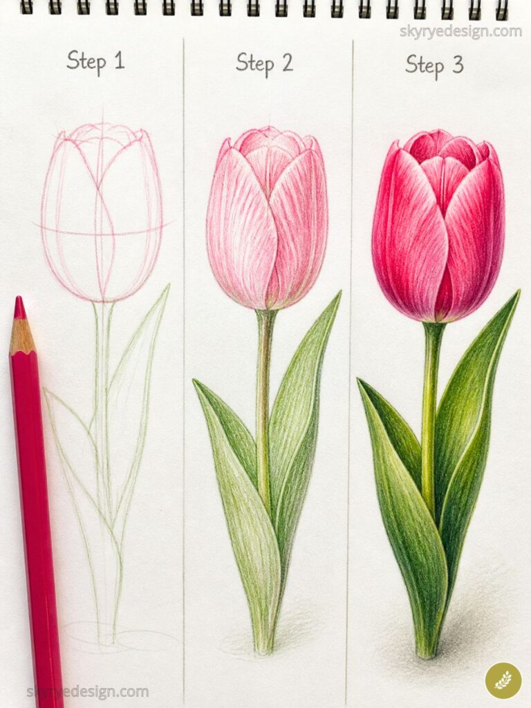 Step-by-step colored pencil tutorial of a pink tulip drawing, showing sketch, mid-tones and finished realistic bloom