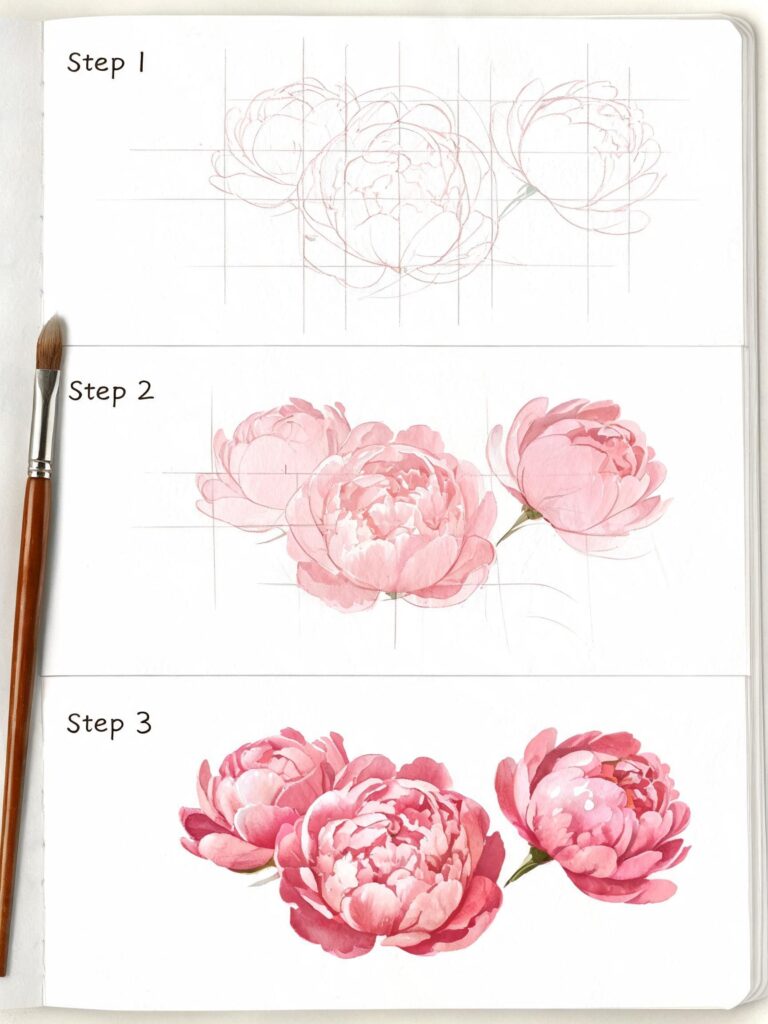 Watercolor peony tutorial: step-by-step pencil grid sketch, paintbrush, and finished pink peony blossoms