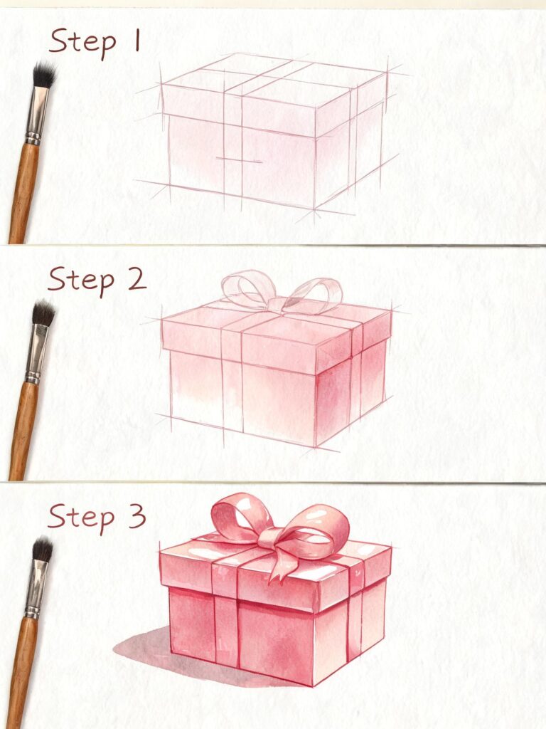 Three-step watercolor drawing tutorial showing sketch, shading and final pink gift box with ribbon and paintbrush