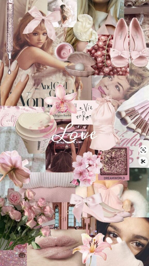 Pink aesthetic collage with fashion, flowers, makeup, and vintage elements. Feminine, romantic, and dreamy vibes.