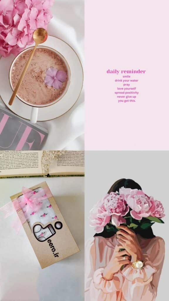 Pink aesthetic collage: coffee, daily positivity reminder, gift box, and illustrated woman with peony bouquet.