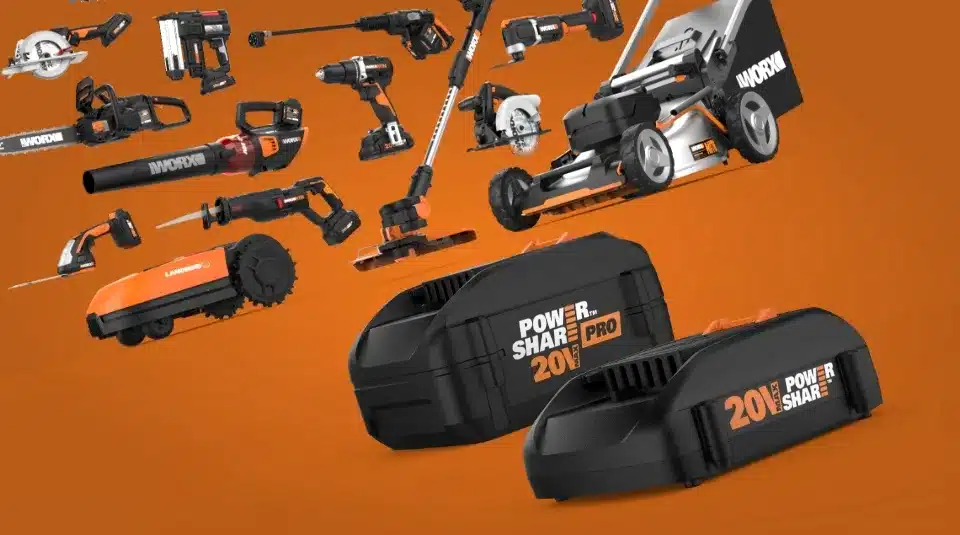 Various WORX power tools and lawn equipment with Power Share 20V batteries on an orange background.