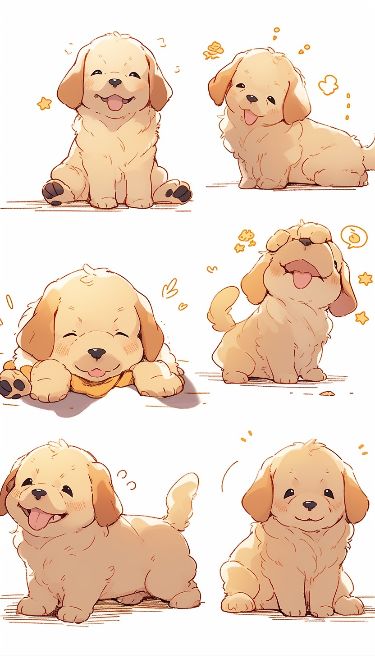 Adorable cartoon puppies playfully sitting and lying down, surrounded by playful doodles and stars.