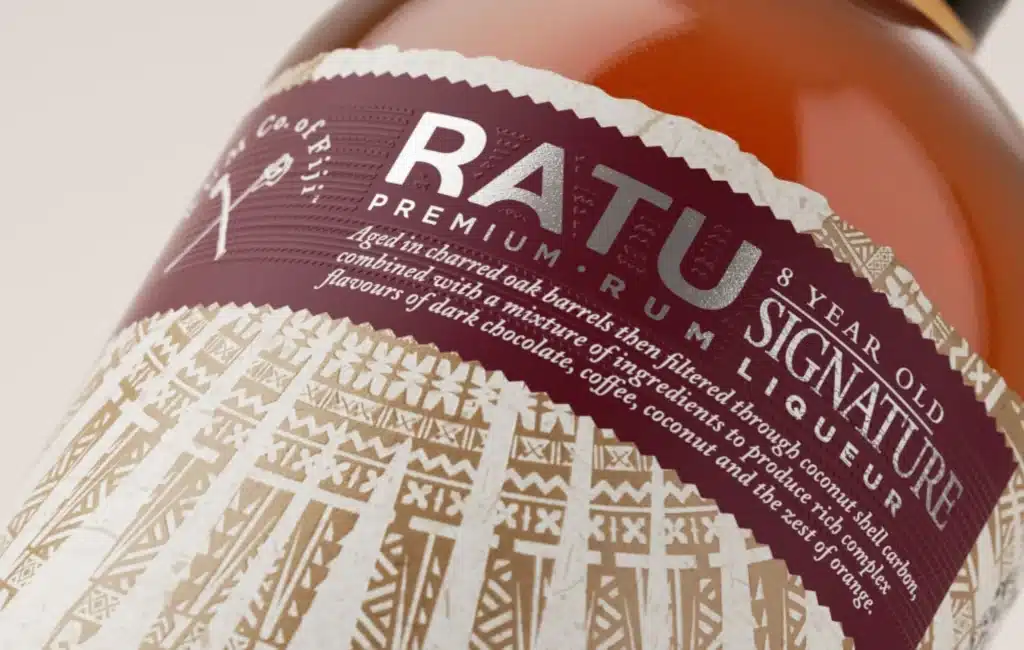 rcof-packaging-alcohol-011 Close-up of a Ratu premium rum label, highlighting its 8-year aging and rich flavors of chocolate and coffee. | Sky Rye Design Close-up of a Ratu premium rum label, highlighting its 8-year aging and rich flavors of chocolate and coffee.
