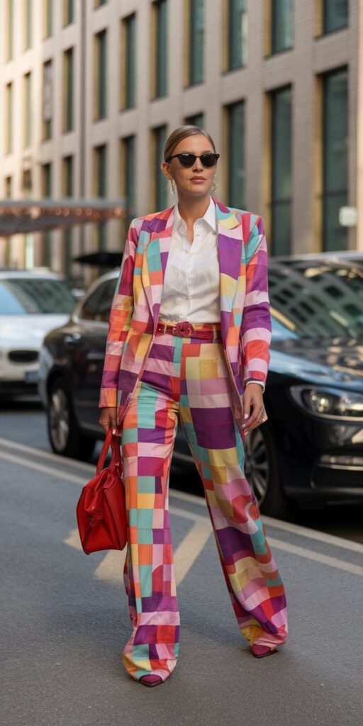 Person in colorful geometric suit and sunglasses walking on city street, holding a red purse.