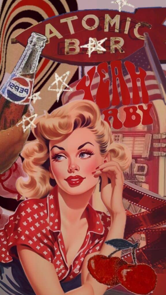 Retro pop art collage featuring a woman, Atomic Bar sign, and Pepsi bottle. Vintage 50s style with cherries and stars.