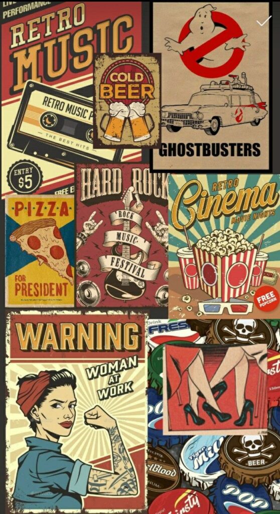 Collage of vintage posters featuring retro music, cinema, Ghostbusters, hard rock, pizza, and iconic artworks.