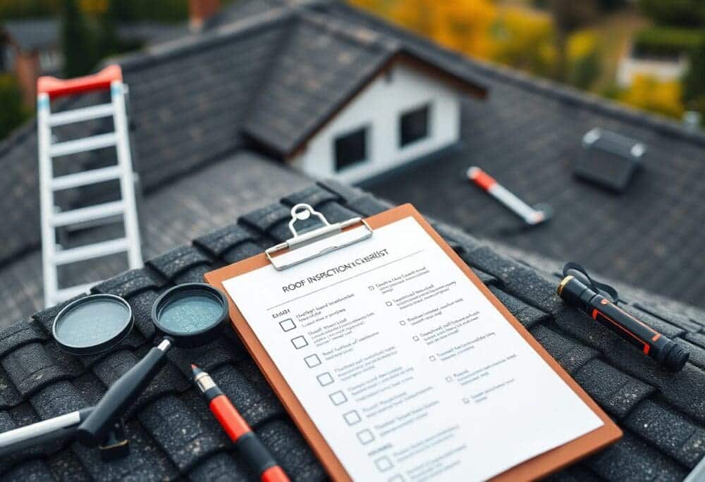 Roof inspection checklist on clipboard with tools and ladder on rooftop.