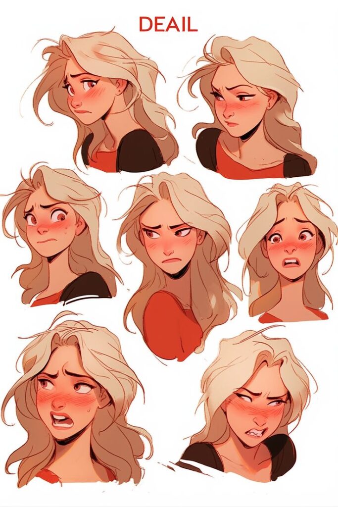 Illustrations of a character with blonde hair showing various angry facial expressions.