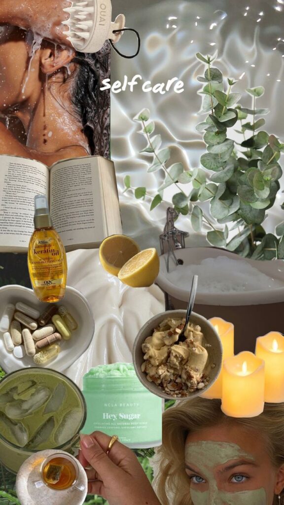 Collage of self-care items: skincare, candles, healthy food, and a relaxing bath scene.