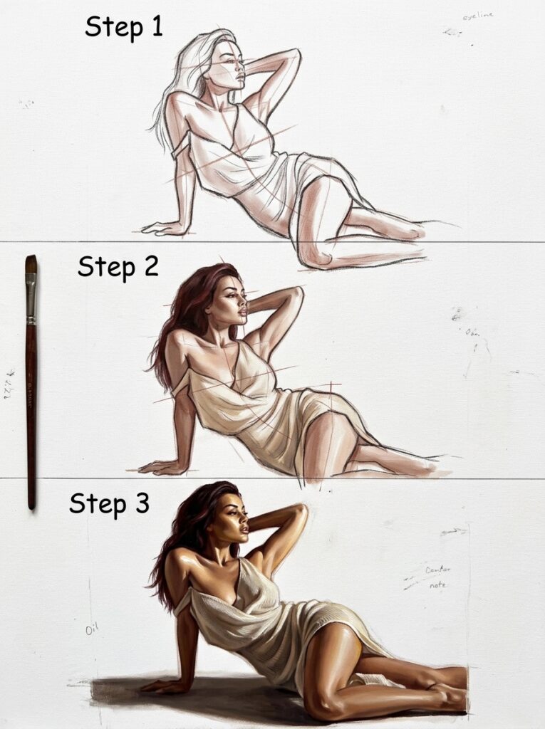oil_painting_from_photo_tutorial_v2_1783338795520 Three-step tutorial: reclining female figure drawing progressing from sketch to colored, realistic painting. | Sky Rye Design Three-step tutorial: reclining female figure drawing progressing from sketch to colored, realistic painting.