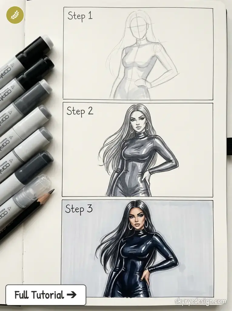 copic-tutorial-1783338367108 Three-step fashion illustration tutorial showing sketch to finished glossy black outfit; markers at left and Full Tutorial | Sky Rye Design Three-step fashion illustration tutorial showing sketch to finished glossy black outfit; markers at left and Full Tutorial