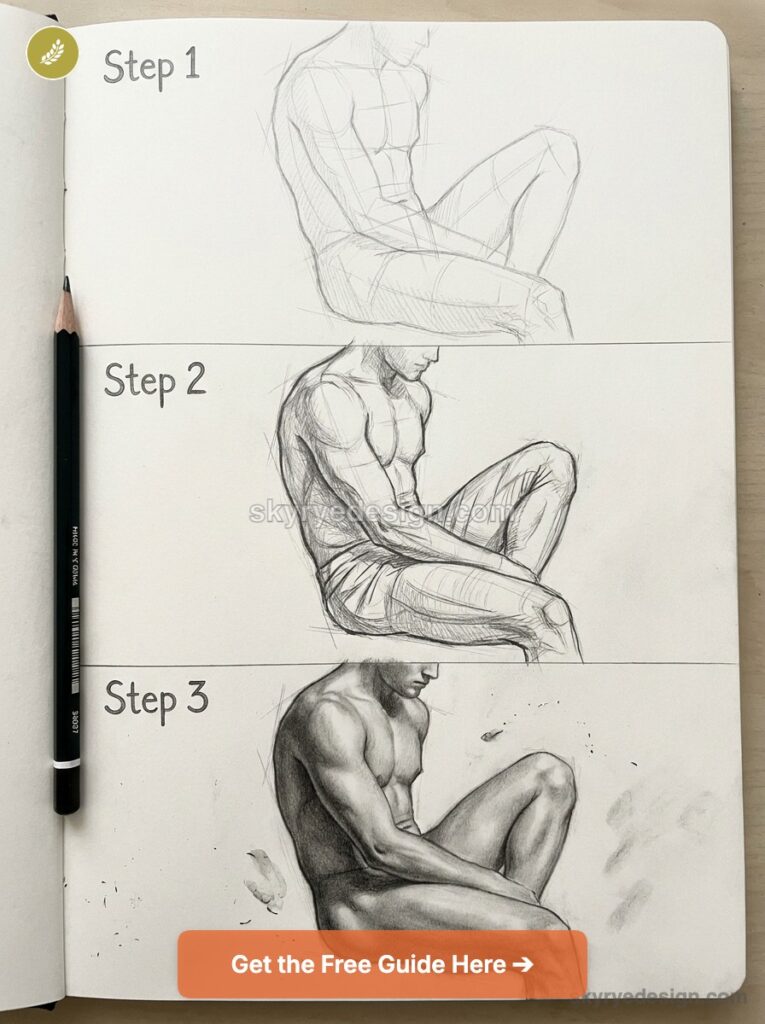 tutorial-sexy-body-drawing Pencil figure drawing tutorial showing three-step progression of a seated male anatomy sketch in a sketchbook. | Sky Rye Design Pencil figure drawing tutorial showing three-step progression of a seated male anatomy sketch in a sketchbook.