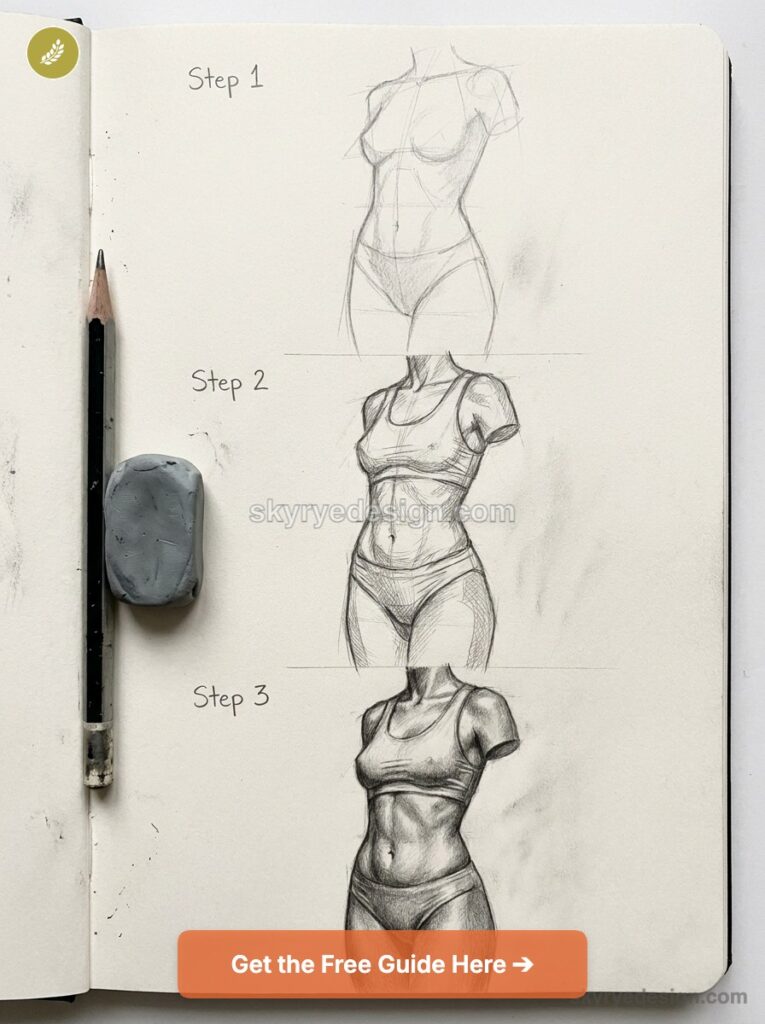 tutorial-sexy-woman--body-drawing Three-step pencil sketch tutorial showing a female torso progression on a sketchbook page with pencil and eraser | Sky Rye Design Three-step pencil sketch tutorial showing a female torso progression on a sketchbook page with pencil and eraser