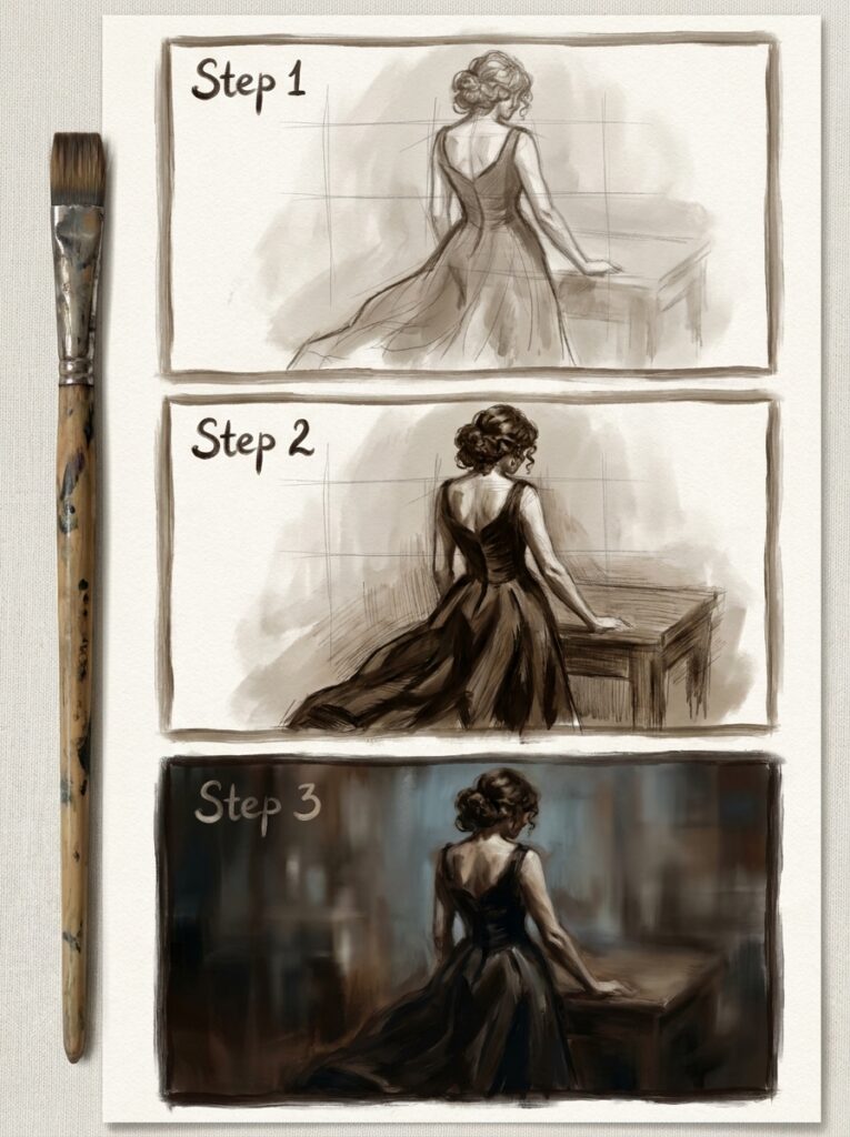 Drawing_tutorial_woman_black_dress_202607061445 Three-panel painting tutorial of a woman in a flowing dress seen from behind, with paintbrush beside the sketches. | Sky Rye Design Three-panel painting tutorial of a woman in a flowing dress seen from behind, with paintbrush beside the sketches.