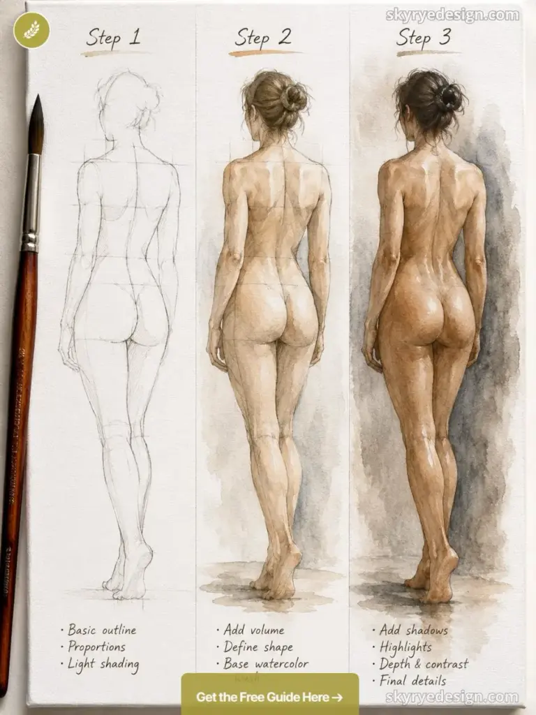 how-to-draw-additional-content - 2026-07-06T142337004 Three-step watercolor figure drawing tutorial showing a female back view, from sketch to finished painting | Sky Rye Design Three-step watercolor figure drawing tutorial showing a female back view, from sketch to finished painting