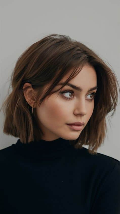 Woman with short brown hair in a black top gazing sideways against a neutral background.
