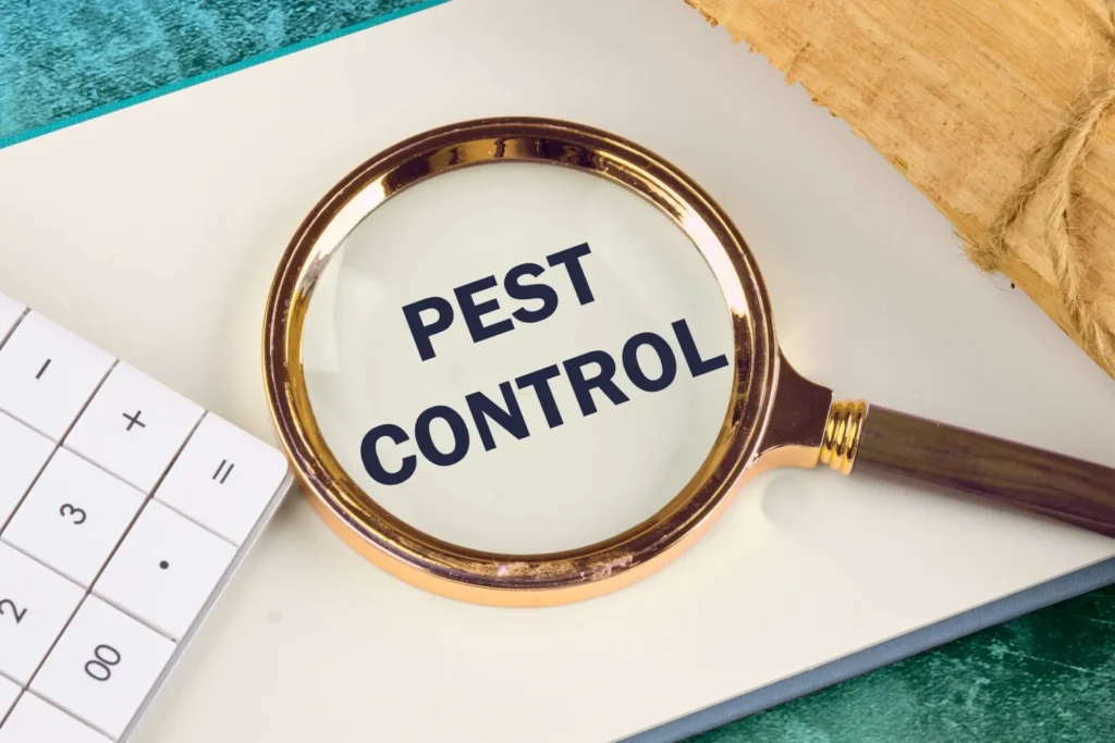 Magnifying glass with Pest Control text on paper near keyboard, highlighting pest management focus.