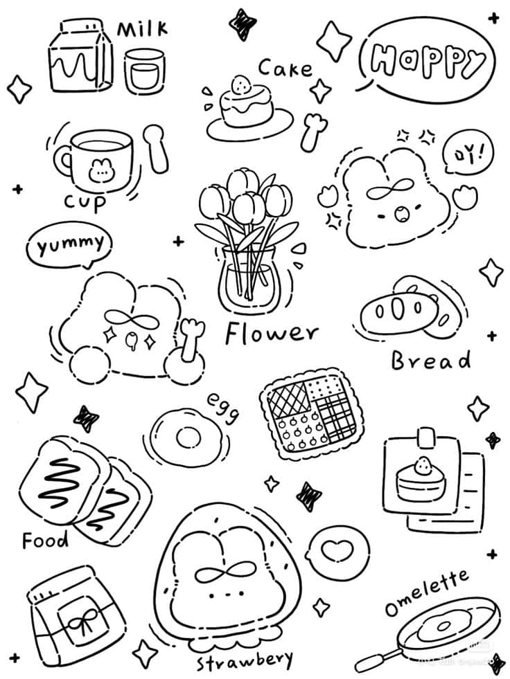 simple doodles Cute black and white doodles of food items, flowers, and expressions like milk, bread, cake, omelet, and happy. | Sky Rye Design Cute black and white doodles of food items, flowers, and expressions like milk, bread, cake, omelet, and happy.