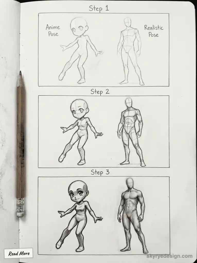 Drawing tutorial: Step-by-step guide to sketching anime and realistic poses, featuring pencil illustrations.