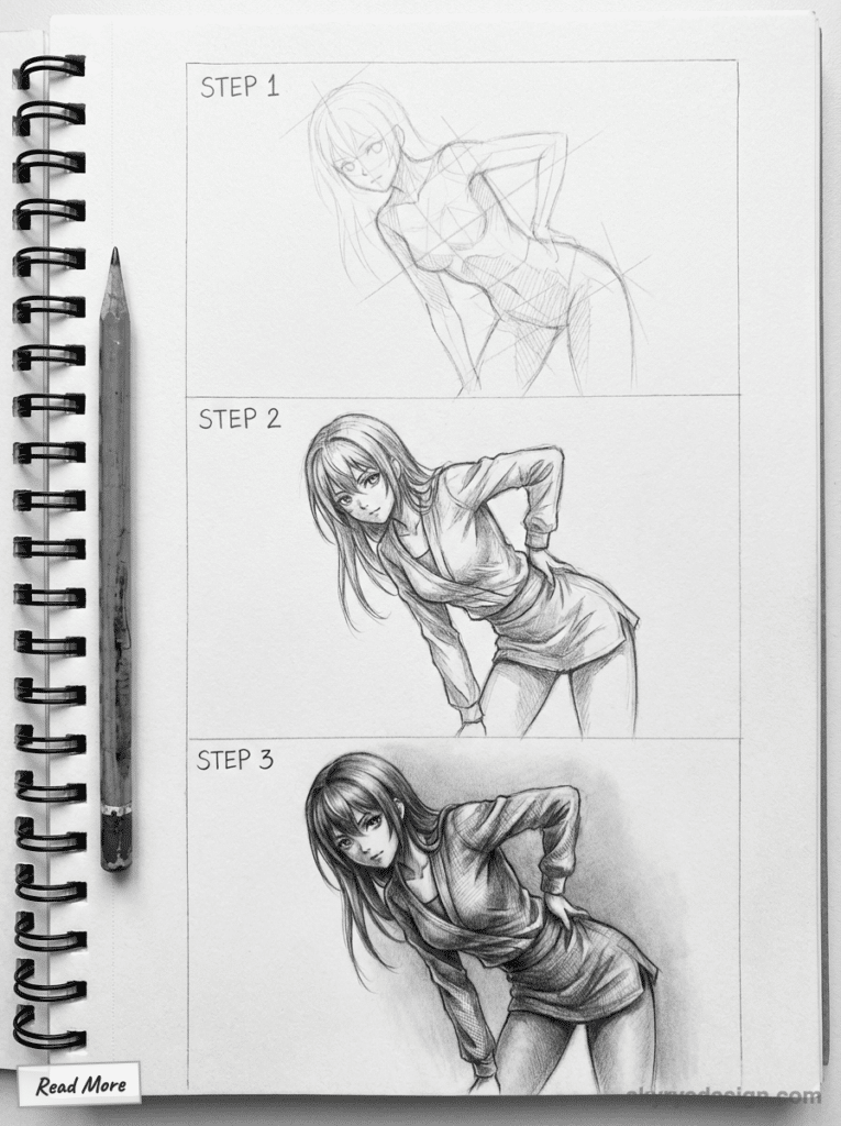 sketch-tutorial - 2026-01-20T173541393 Step-by-step guide to drawing a manga character: sketching, shading, and detailing with a pencil on spiral-bound sketchbook. | Sky Rye Design Step-by-step guide to drawing a manga character: sketching, shading, and detailing with a pencil on spiral-bound sketchbook.