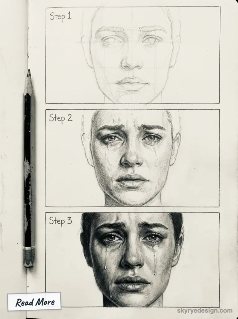 Pencil portrait tutorial: three-step graphite progression of a realistic crying woman's face sketch with tear details