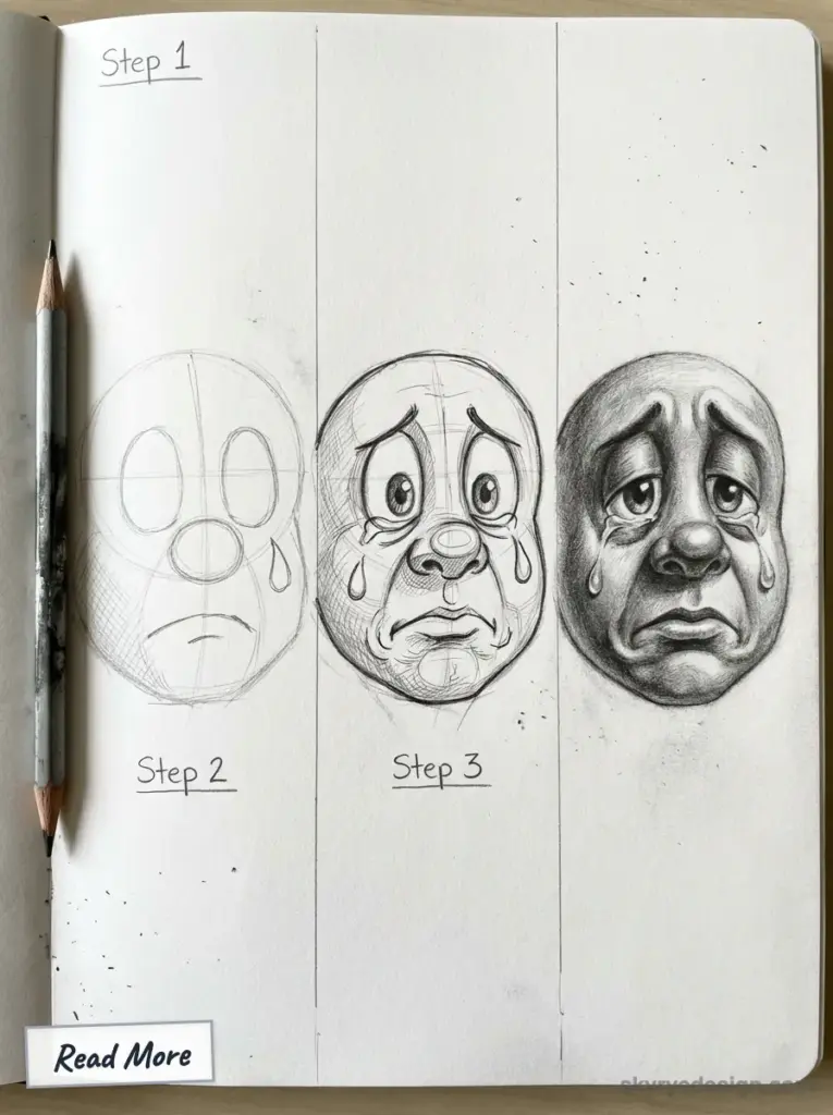 Step-by-step pencil tutorial: three-stage progression showing how to draw a sad crying face, from construction lines to detailed shaded portrait.