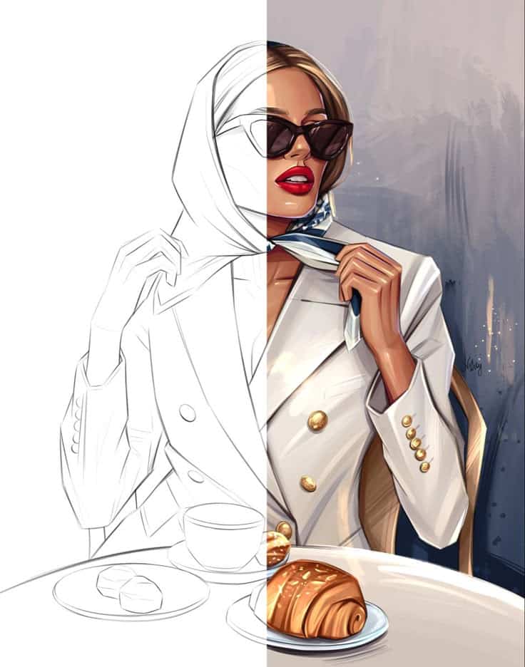sketch vs art 🔥 digital illustration _ procreate art drawing Illustration of a stylish woman in a white blazer, wearing sunglasses, having breakfast with a croissant and coffee. | Sky Rye Design Illustration of a stylish woman in a white blazer, wearing sunglasses, having breakfast with a croissant and coffee.