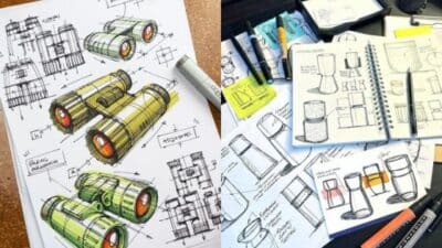 Design sketches and drawings featuring concept products, markers, and notepads in a creative workspace setting.