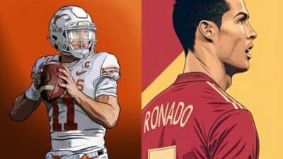Illustrated athletes: a football quarterback in white gear and a soccer player in a red jersey.