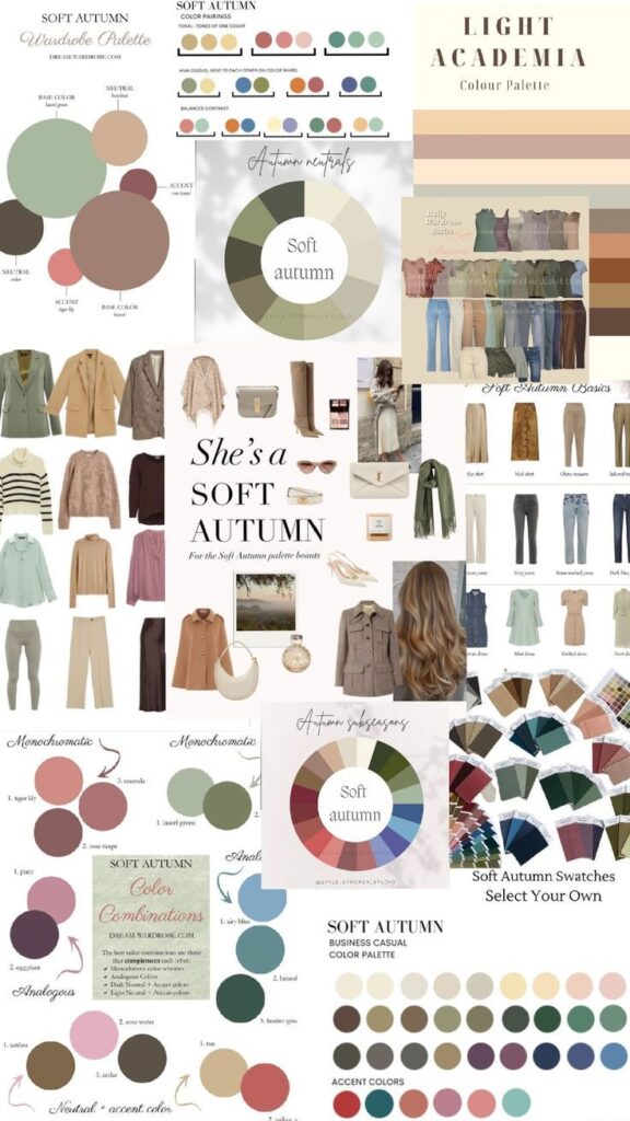 Soft autumn color palette with wardrobe options, featuring earthy tones and light academia style inspirations.