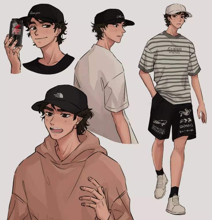 spreen Anime character in casual outfits with hoodie, cap, striped shirt, black shorts, and holding a can. Multiple poses shown. | Sky Rye Design Anime character in casual outfits with hoodie, cap, striped shirt, black shorts, and holding a can. Multiple poses shown.