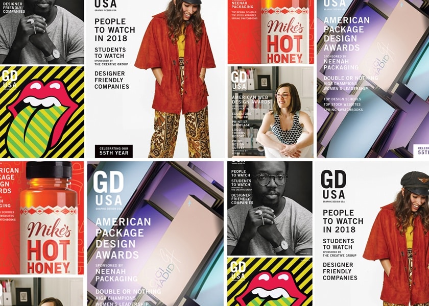Collage of GD USA magazine covers featuring design awards, creative individuals, and vibrant graphics.
